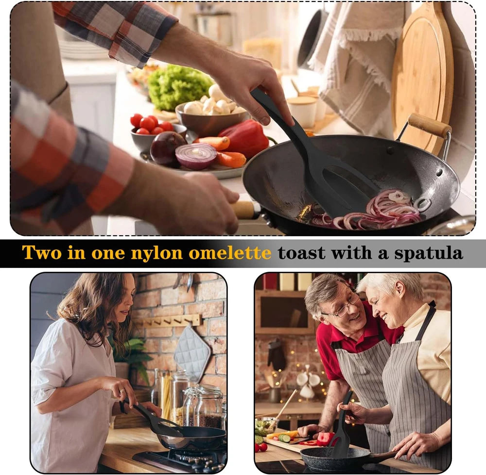 Neuer 2-in-1-Griffwender mit Zange, Eierwender, Nylon-Antihaftbeschichtung, ideal zum Zubereiten von Pfannkuchen, Fisch, French Toast und Omeletts.