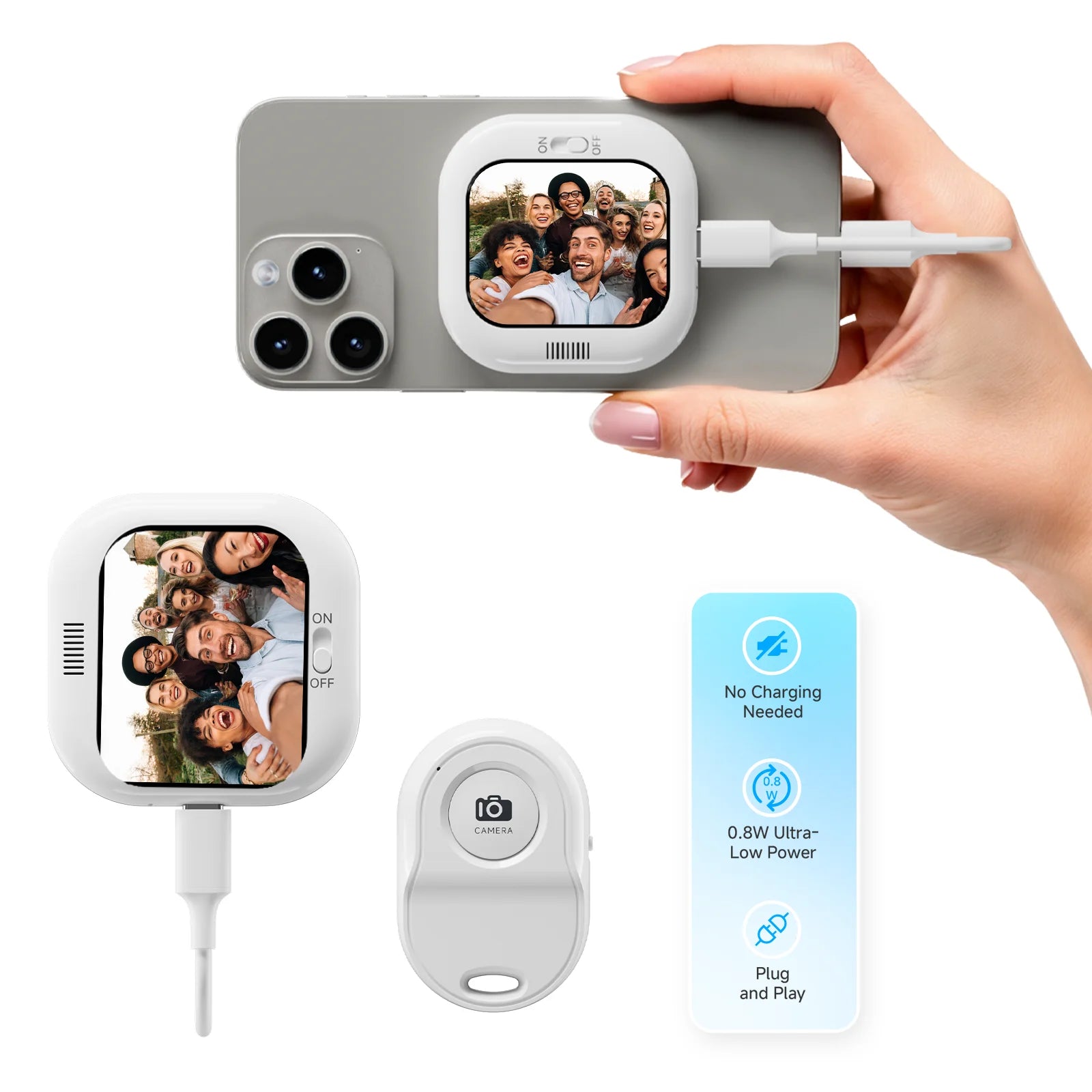 Mini-Display für Vlogs und Selfies mit der Rückkamera, kompatibel mit dem iPhone-Kameradisplay.